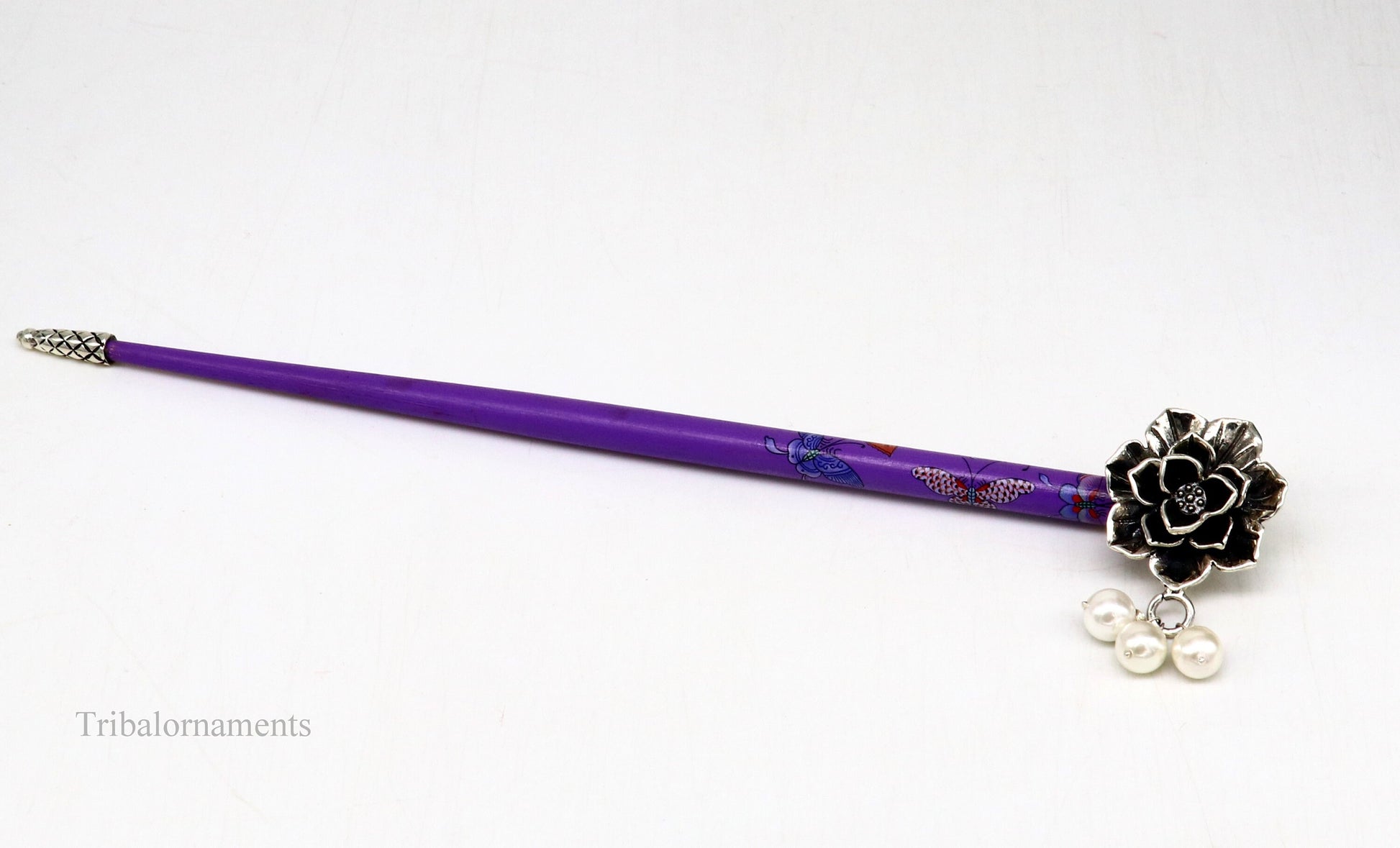 925 sterling silver customized rose flower design hair pin with wooden painted stick amazing hair jewelry brides gifting  hc10 - TRIBAL ORNAMENTS