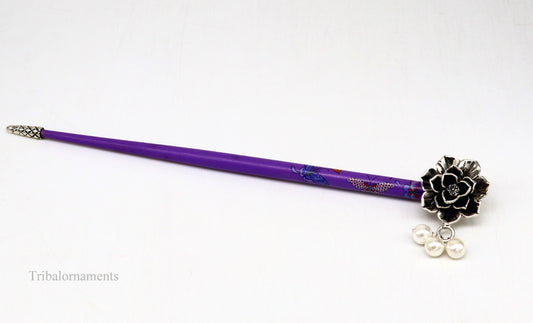 Sterling silver rose flower hair pin with wooden painted stick, tribal ornaments, elegant hair jewelry for brides or gifting.