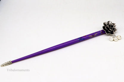 Sterling silver rose flower hair pin with wooden painted stick, elegant hair jewelry for brides by TRIBAL ORNAMENTS.