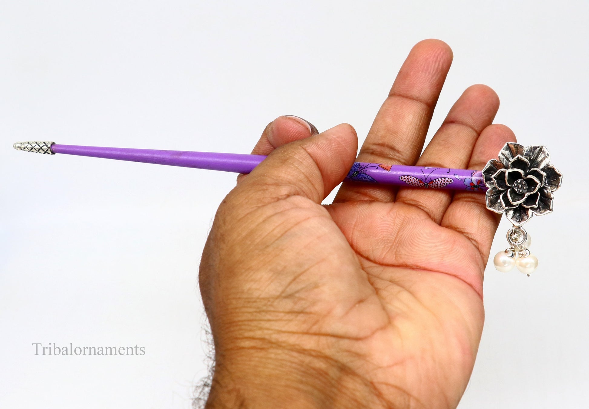 925 sterling silver customized rose flower design hair pin with wooden painted stick amazing hair jewelry brides gifting  hc10 - TRIBAL ORNAMENTS
