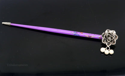 Sterling silver rose flower hair pin with wooden painted stick, elegant hair jewelry for brides by TRIBAL ORNAMENTS.