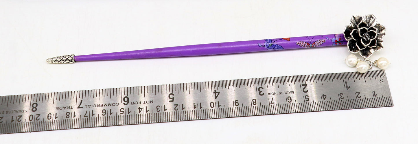 925 sterling silver customized rose flower design hair pin with wooden painted stick amazing hair jewelry brides gifting  hc10 - TRIBAL ORNAMENTS