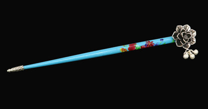 Sterling silver rose flower hair pin with wooden painted stick, intricate design, ideal for brides and special occasions.