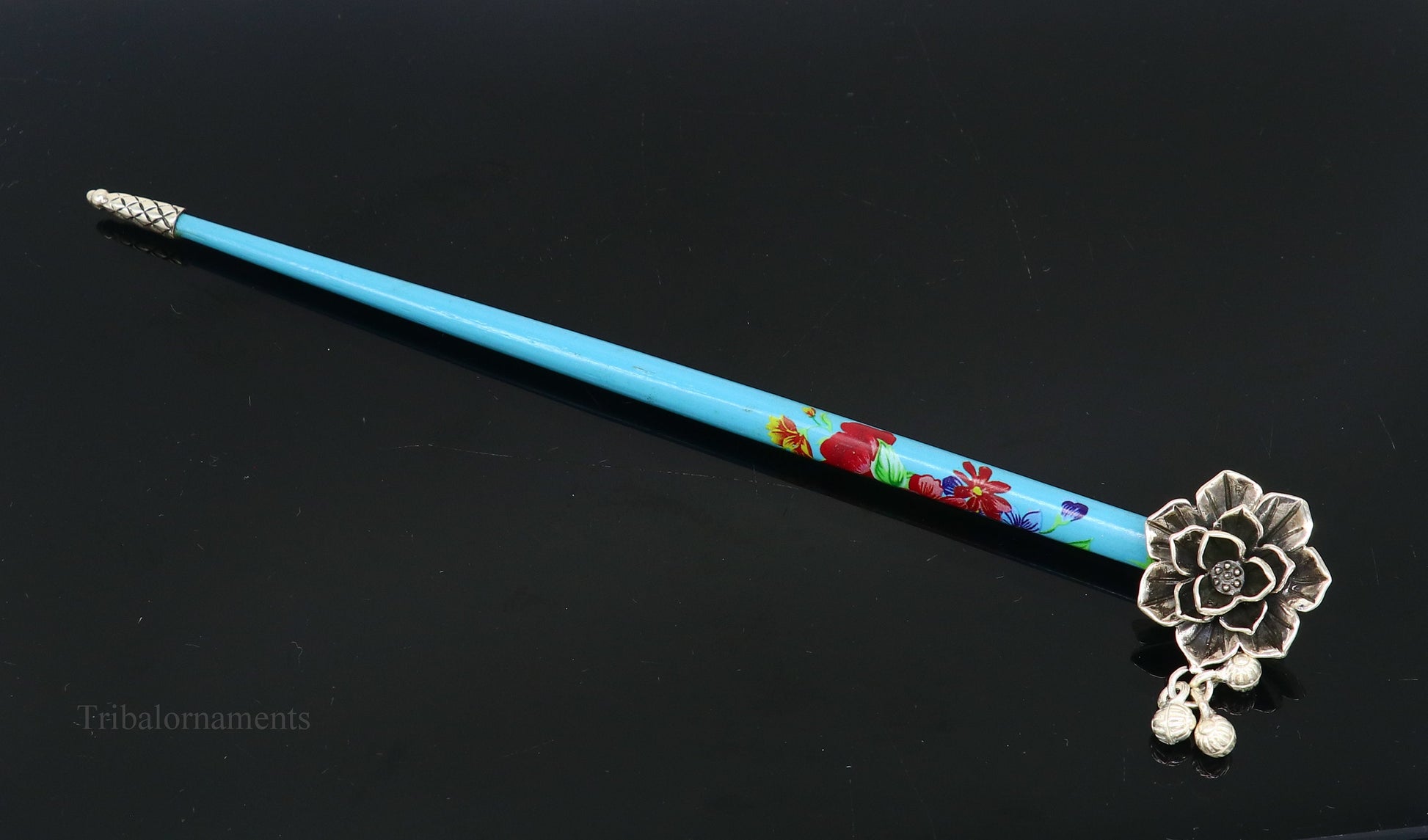 925 sterling silver customized rose flower design hair pin with wooden painted  stick amazing hair jewelry brides gifting  hc11 - TRIBAL ORNAMENTS