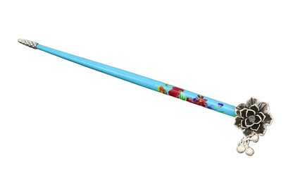 Sterling silver rose flower hair pin with wooden painted stick, decorative hair jewelry perfect for brides and special occasions.