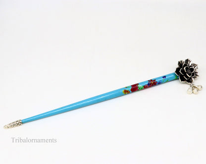 Sterling silver rose flower hair pin with wooden painted stick, tribal-inspired hair jewelry for brides and special occasions.