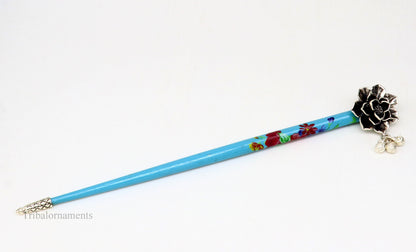 Sterling silver rose flower hair pin with wooden painted stick, tribal-inspired hair jewelry for brides and special occasions.
