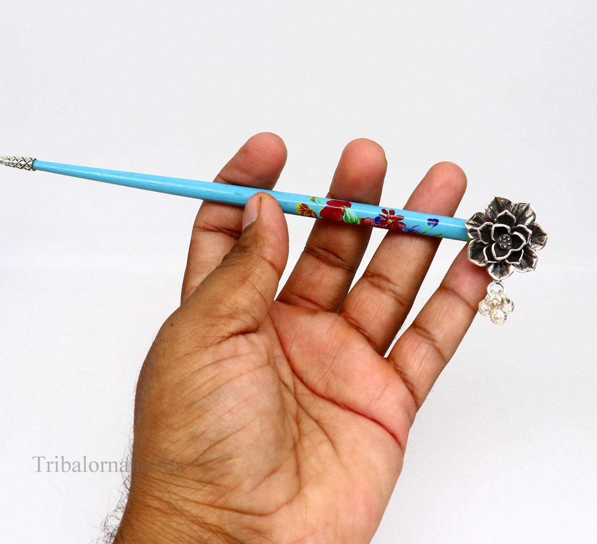 925 sterling silver customized rose flower design hair pin with wooden painted  stick amazing hair jewelry brides gifting  hc11 - TRIBAL ORNAMENTS
