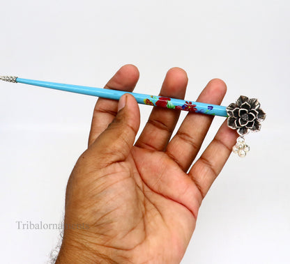 Sterling silver rose flower hair pin with wooden stick, tribal jewelry design, perfect for brides and special occasions.