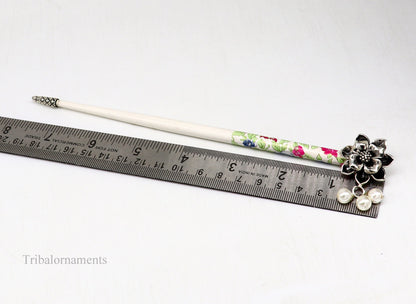 Sterling silver rose flower hair pin with a painted wooden stick, elegant hair jewelry for brides by TRIBAL ORNAMENTS.