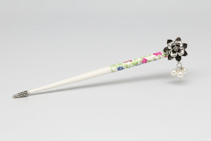 Sterling silver rose flower hair pin with wooden painted stick, elegant jewelry for brides or special occasions.