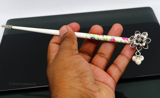 925 sterling silver customized rose flower design hair pin with wooden painted stick amazing hair jewelry brides gifting  hc13 - TRIBAL ORNAMENTS