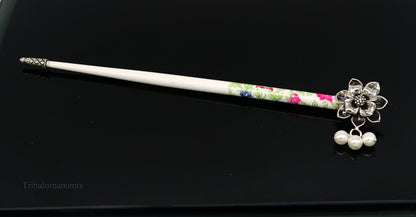 Sterling silver rose flower hair pin with wooden painted stick, intricate hair jewelry, ideal for brides or gifting by TRIBAL ORNAMENTS.