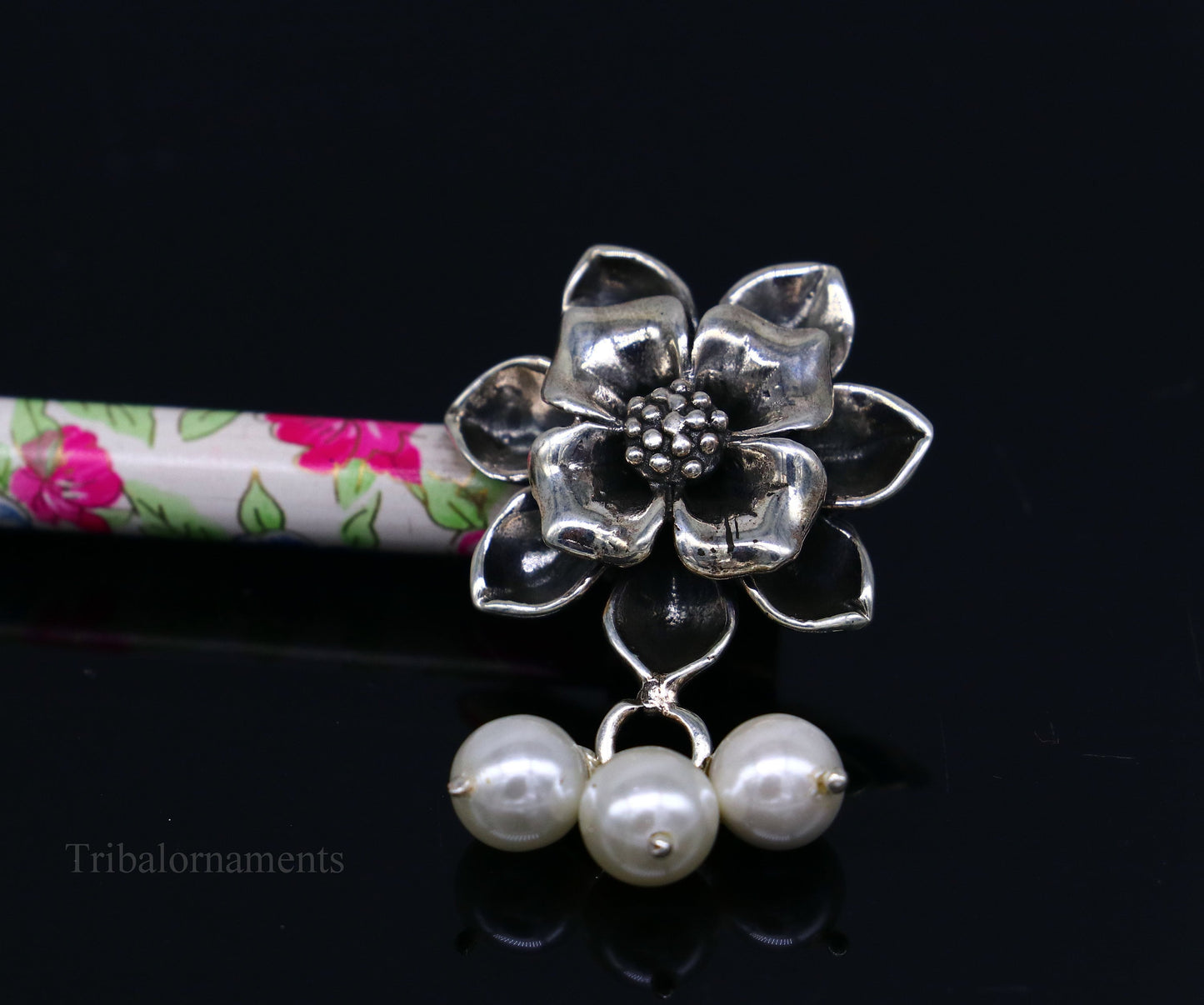 925 sterling silver customized rose flower design hair pin with wooden painted stick amazing hair jewelry brides gifting  hc13 - TRIBAL ORNAMENTS