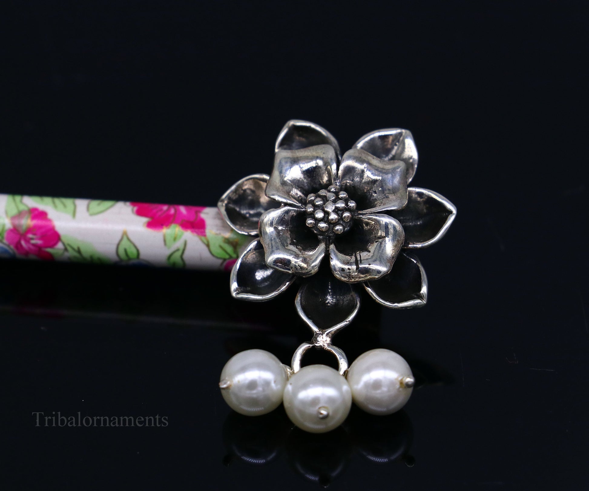 925 sterling silver customized rose flower design hair pin with wooden painted stick amazing hair jewelry brides gifting  hc13 - TRIBAL ORNAMENTS