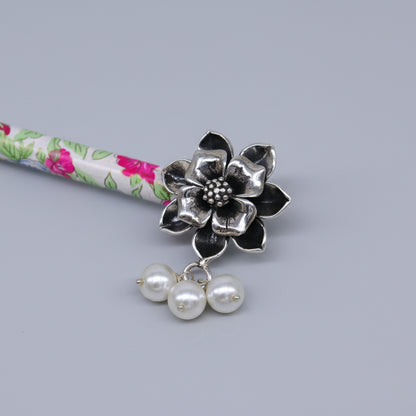 Sterling silver rose flower hair pin with wooden painted stick, intricate hair jewelry ideal for brides and special occasions.