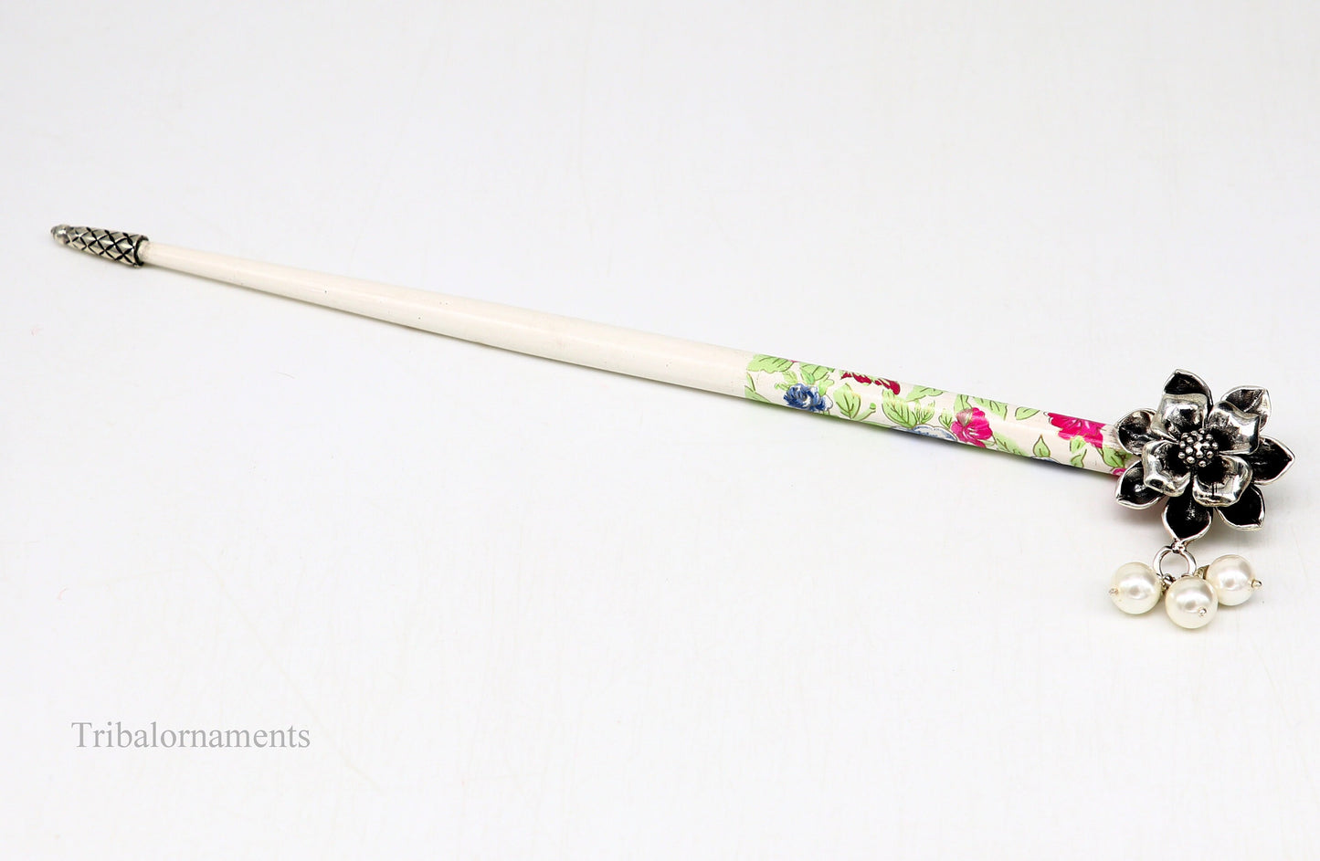 925 sterling silver customized rose flower design hair pin with wooden painted stick amazing hair jewelry brides gifting  hc13 - TRIBAL ORNAMENTS