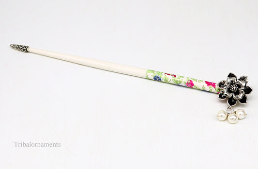 925 sterling silver rose flower hair pin with painted wooden stick, tribal ornament hair jewelry for brides and special occasions