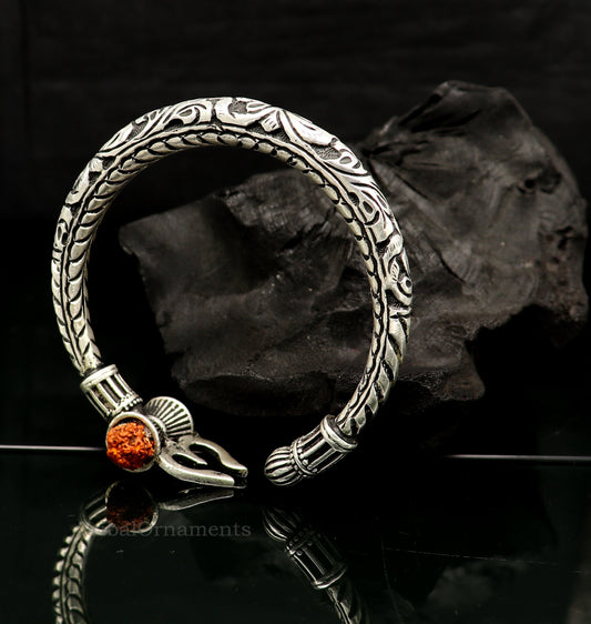 925 sterling silver customized Shiva trident Rudraksha bangle men's bracelet, excellent Nakshi work men's gifting jewelry from India nssk389 - TRIBAL ORNAMENTS