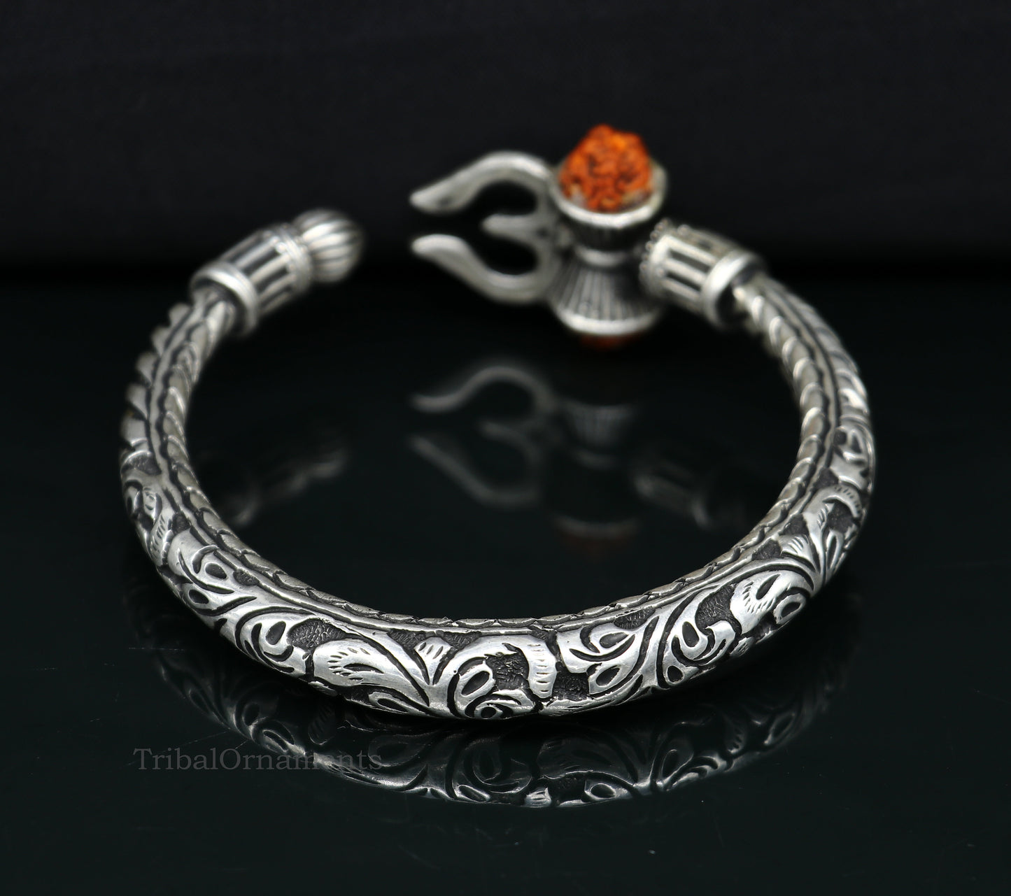925 sterling silver customized Shiva trident Rudraksha bangle men's bracelet, excellent Nakshi work men's gifting jewelry from India nssk389 - TRIBAL ORNAMENTS