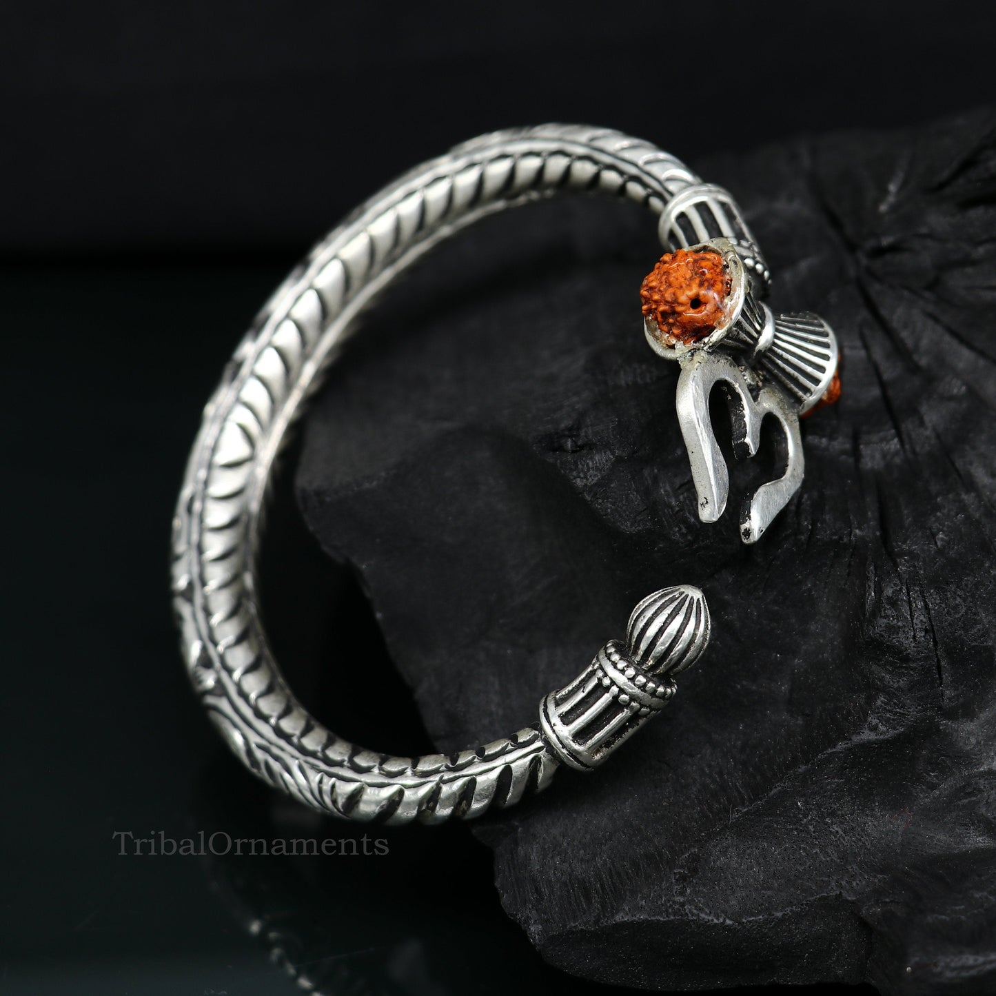 925 sterling silver customized Shiva trident Rudraksha bangle men's bracelet, excellent Nakshi work men's gifting jewelry from India nssk389 - TRIBAL ORNAMENTS