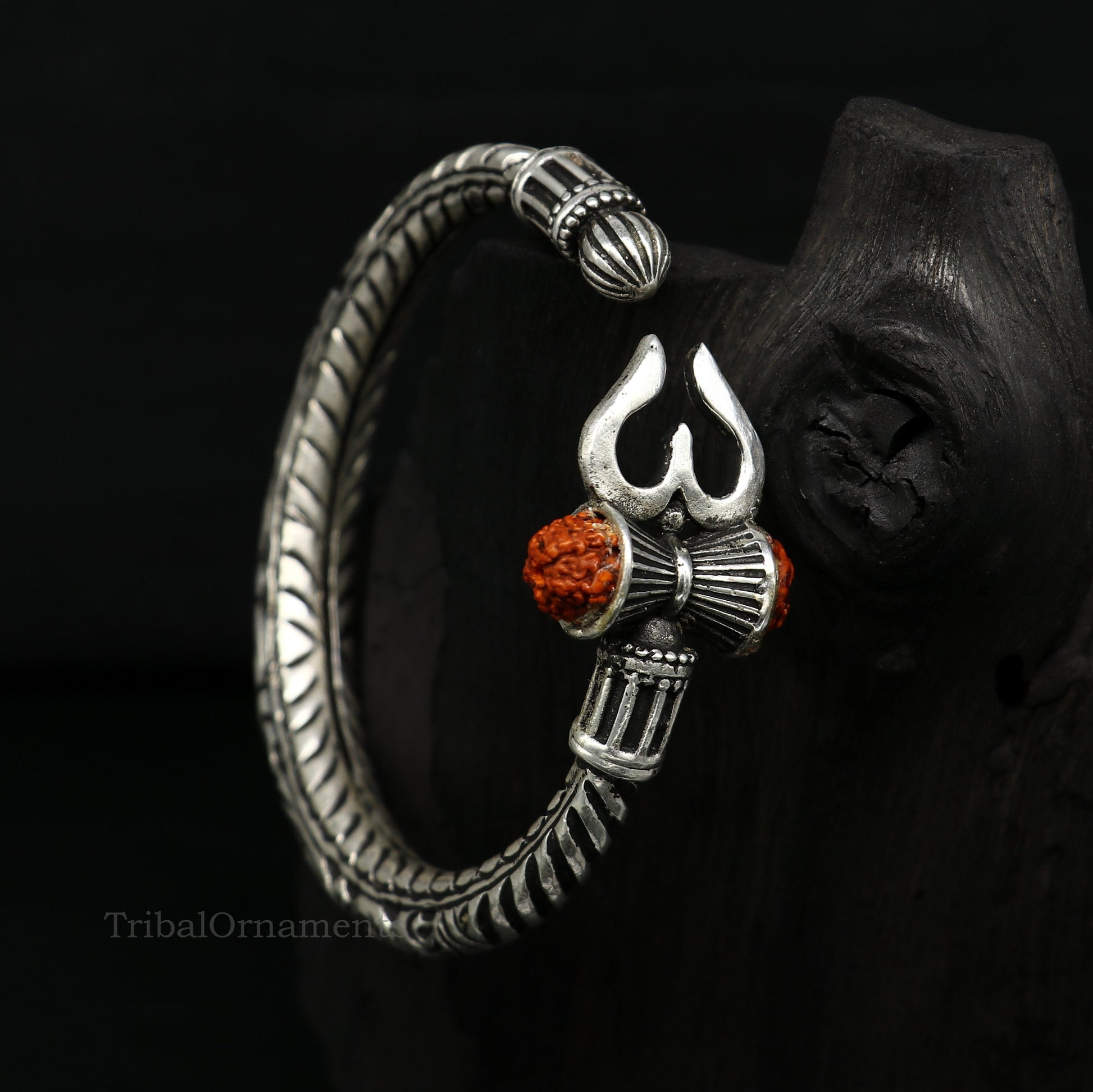 925 sterling silver customized Shiva trident Rudraksha bangle men's bracelet, excellent Nakshi work men's gifting jewelry from India nssk389 - TRIBAL ORNAMENTS
