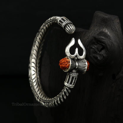 925 sterling silver customized Shiva trident Rudraksha bangle men's bracelet, excellent Nakshi work men's gifting jewelry from India nssk389 - TRIBAL ORNAMENTS