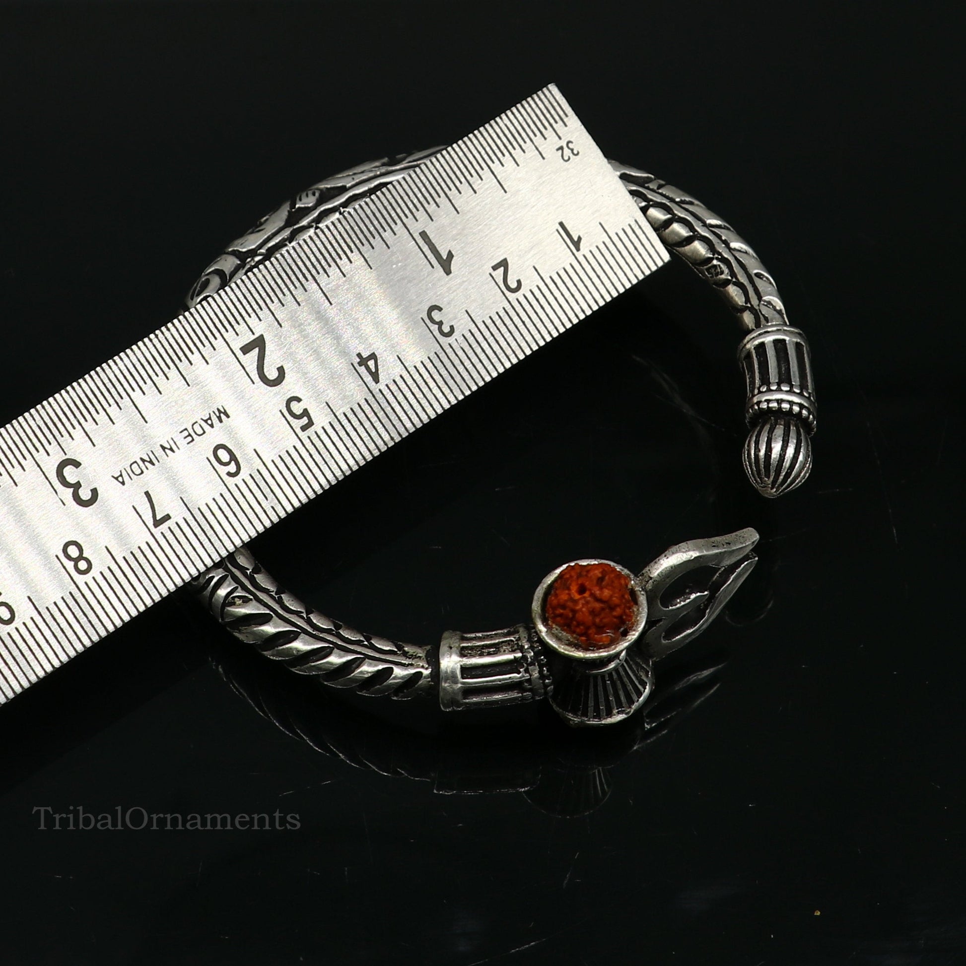 925 sterling silver customized Shiva trident Rudraksha bangle men's bracelet, excellent Nakshi work men's gifting jewelry from India nssk389 - TRIBAL ORNAMENTS
