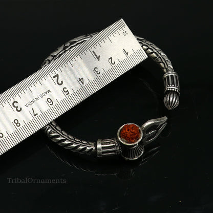 925 sterling silver customized Shiva trident Rudraksha bangle men's bracelet, excellent Nakshi work men's gifting jewelry from India nssk389 - TRIBAL ORNAMENTS