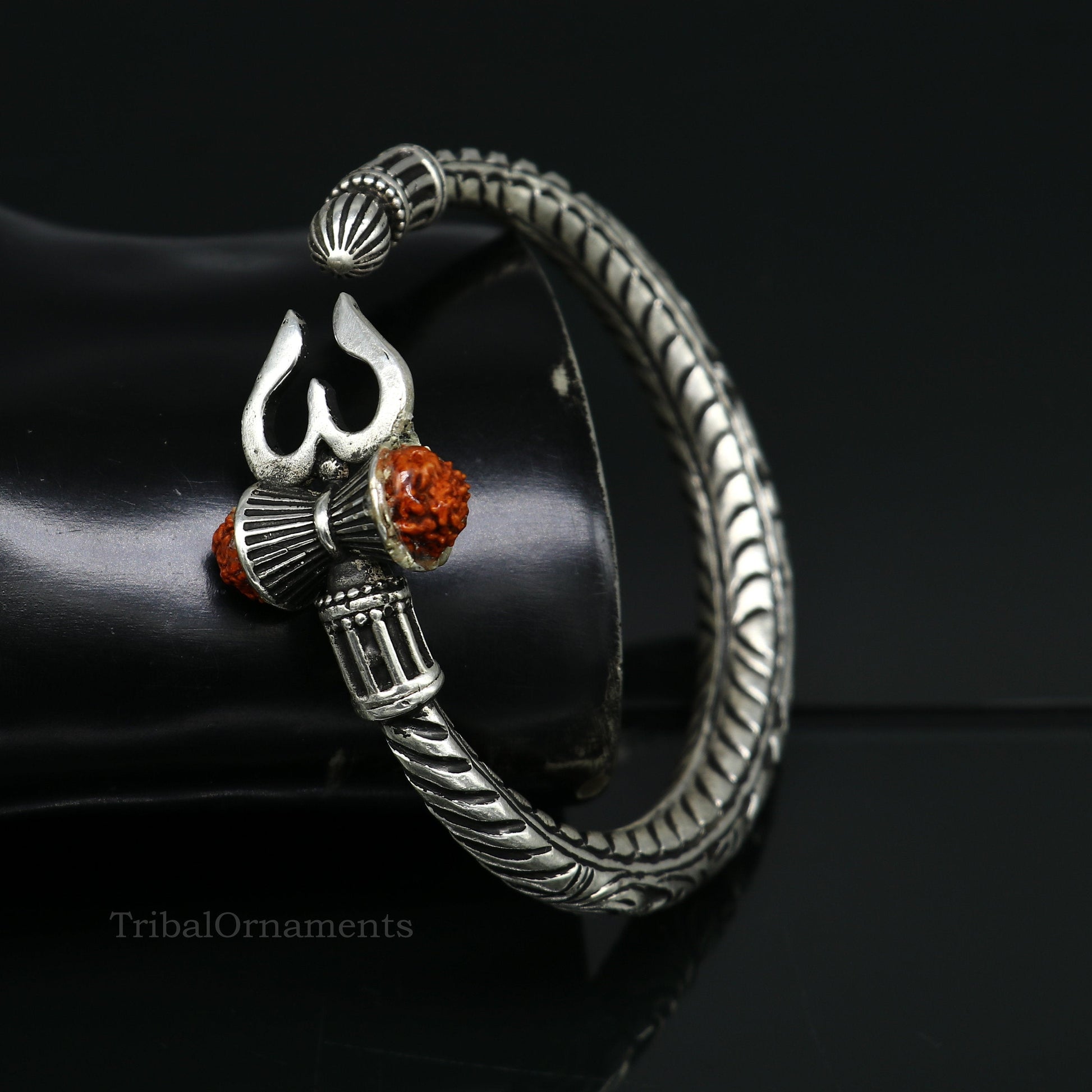 925 sterling silver customized Shiva trident Rudraksha bangle men's bracelet, excellent Nakshi work men's gifting jewelry from India nssk389 - TRIBAL ORNAMENTS