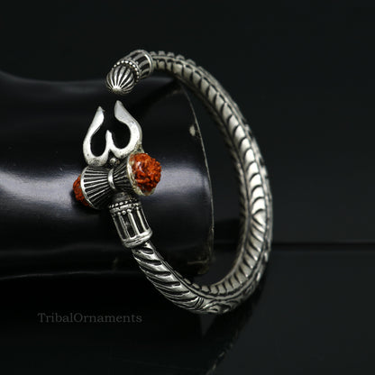 925 sterling silver customized Shiva trident Rudraksha bangle men's bracelet, excellent Nakshi work men's gifting jewelry from India nssk389 - TRIBAL ORNAMENTS