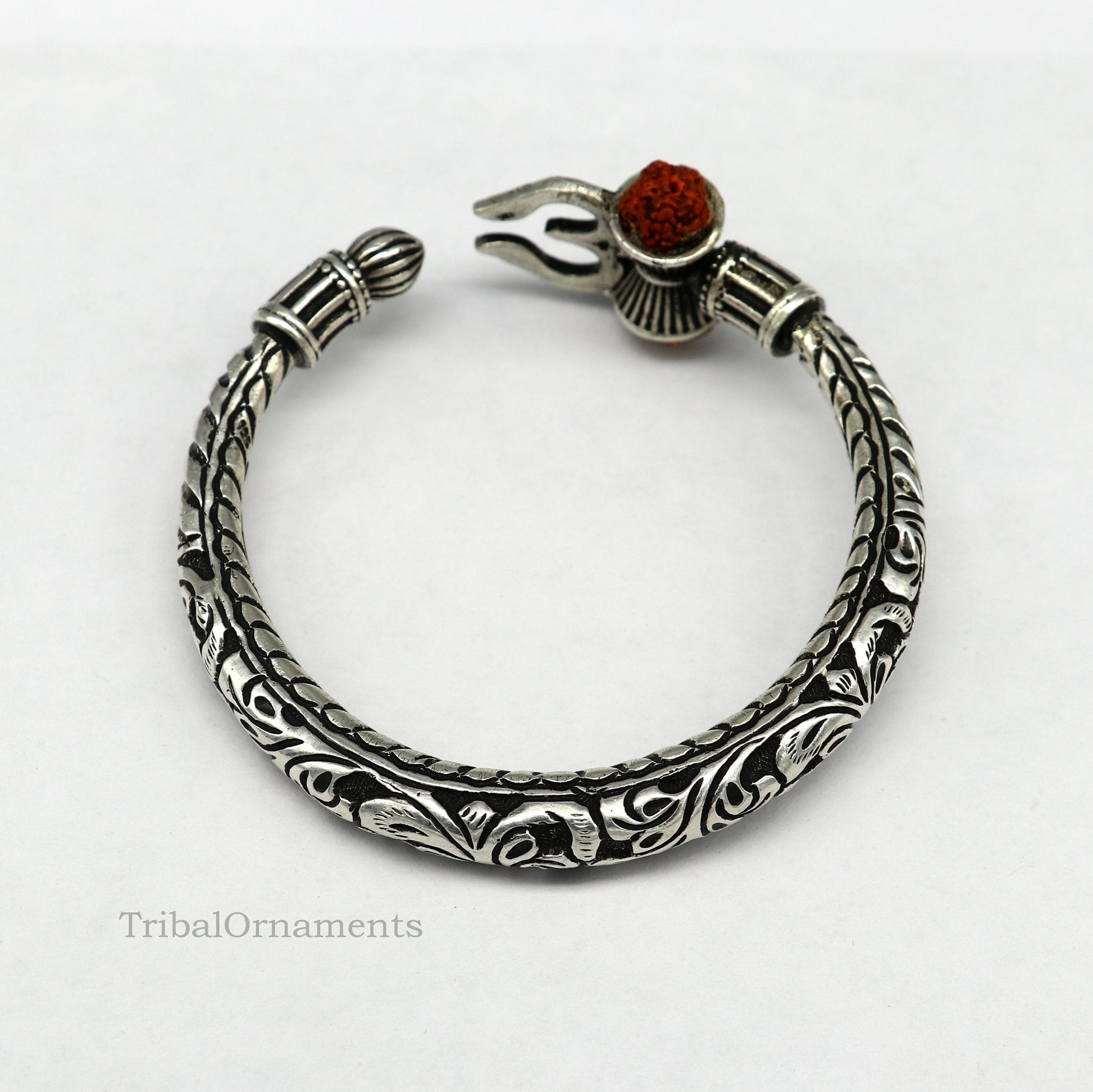 925 sterling silver customized Shiva trident Rudraksha bangle men's bracelet, excellent Nakshi work men's gifting jewelry from India nssk389 - TRIBAL ORNAMENTS