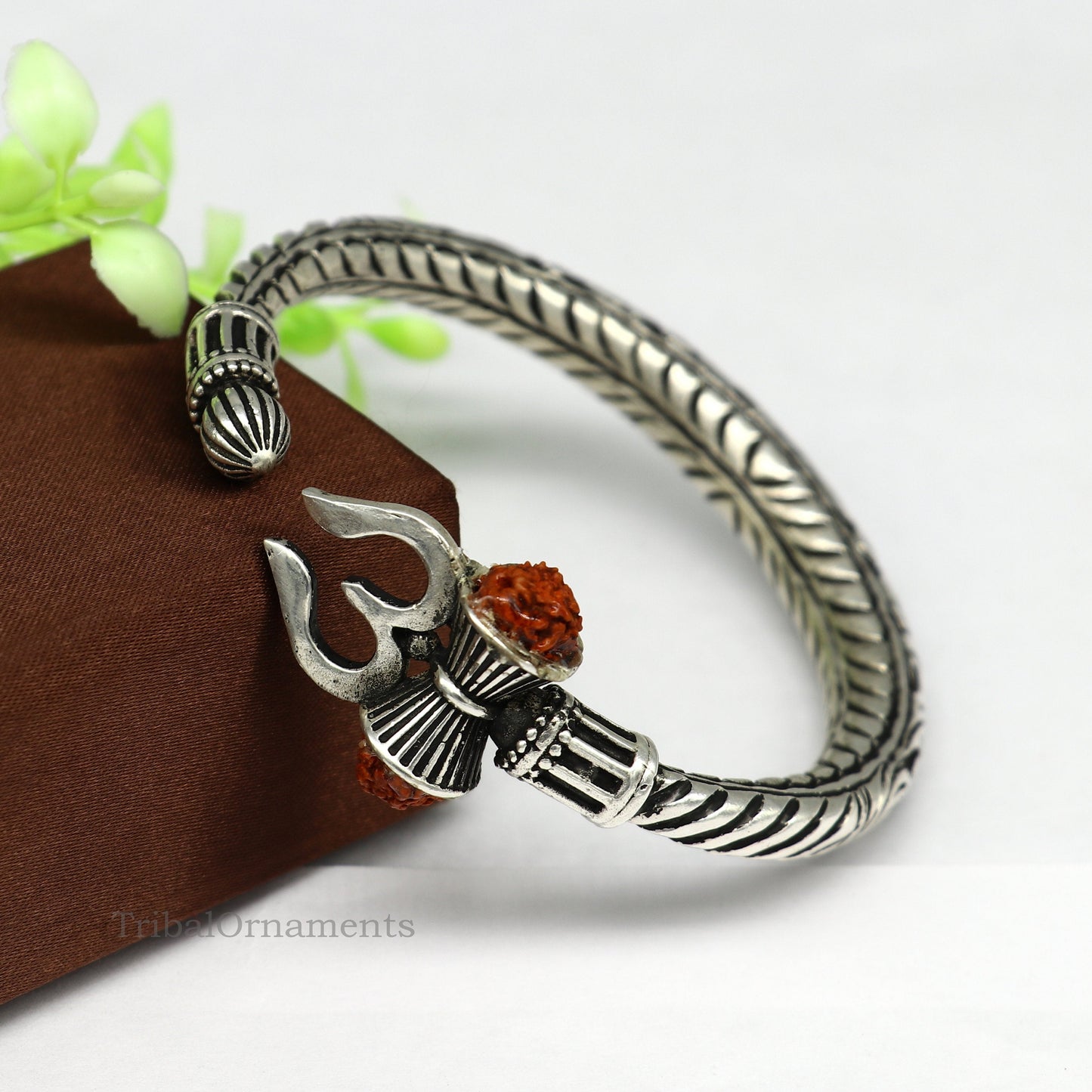 925 sterling silver customized Shiva trident Rudraksha bangle men's bracelet, excellent Nakshi work men's gifting jewelry from India nssk389 - TRIBAL ORNAMENTS