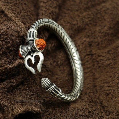 925 sterling silver customized Shiva trident Rudraksha bangle men's bracelet, excellent Nakshi work men's gifting jewelry from India nssk389 - TRIBAL ORNAMENTS
