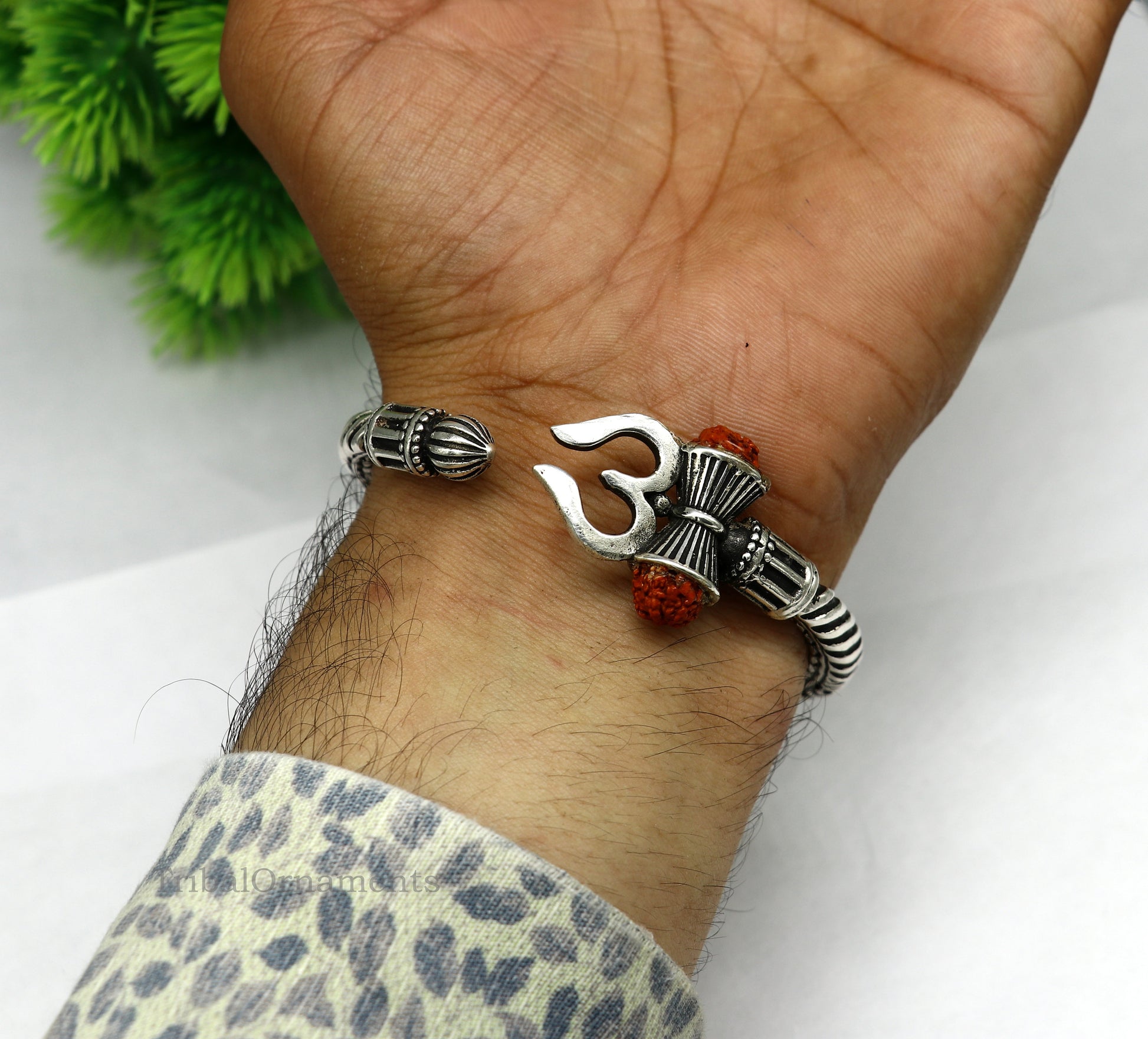 925 sterling silver customized Shiva trident Rudraksha bangle men's bracelet, excellent Nakshi work men's gifting jewelry from India nssk389 - TRIBAL ORNAMENTS
