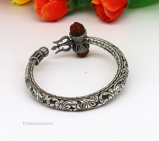 925 sterling silver customized Shiva trident stunning bangle men's bracelet, excellent Nakshi work men's gifting jewelry from India nsk264 - TRIBAL ORNAMENTS