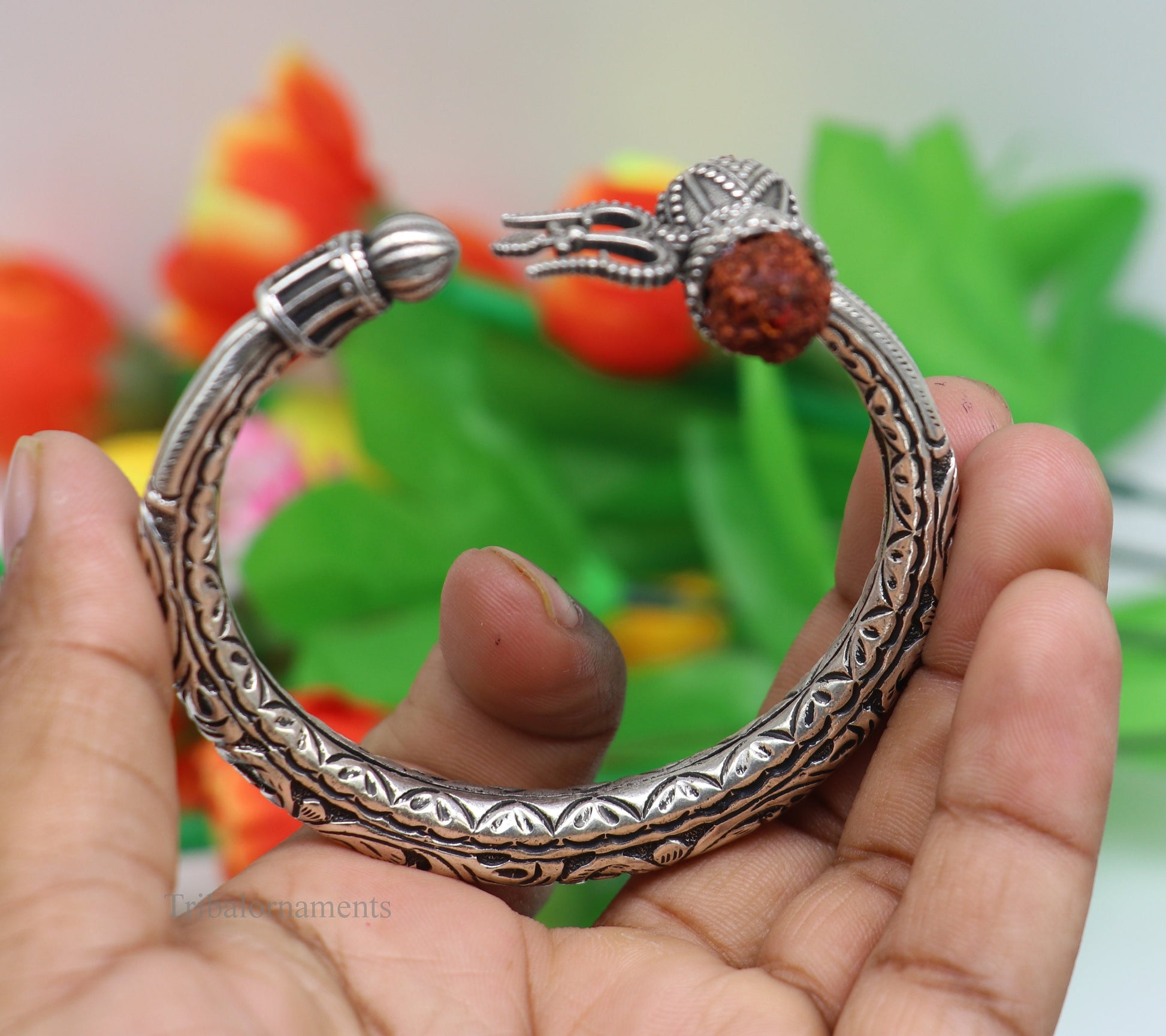 925 sterling silver customized Shiva trident stunning bangle men's bracelet, excellent Nakshi work men's gifting jewelry from India nsk264 - TRIBAL ORNAMENTS