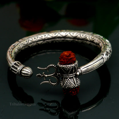 925 sterling silver customized Shiva trident stunning bangle men's bracelet, excellent Nakshi work men's gifting jewelry from India nsk264 - TRIBAL ORNAMENTS