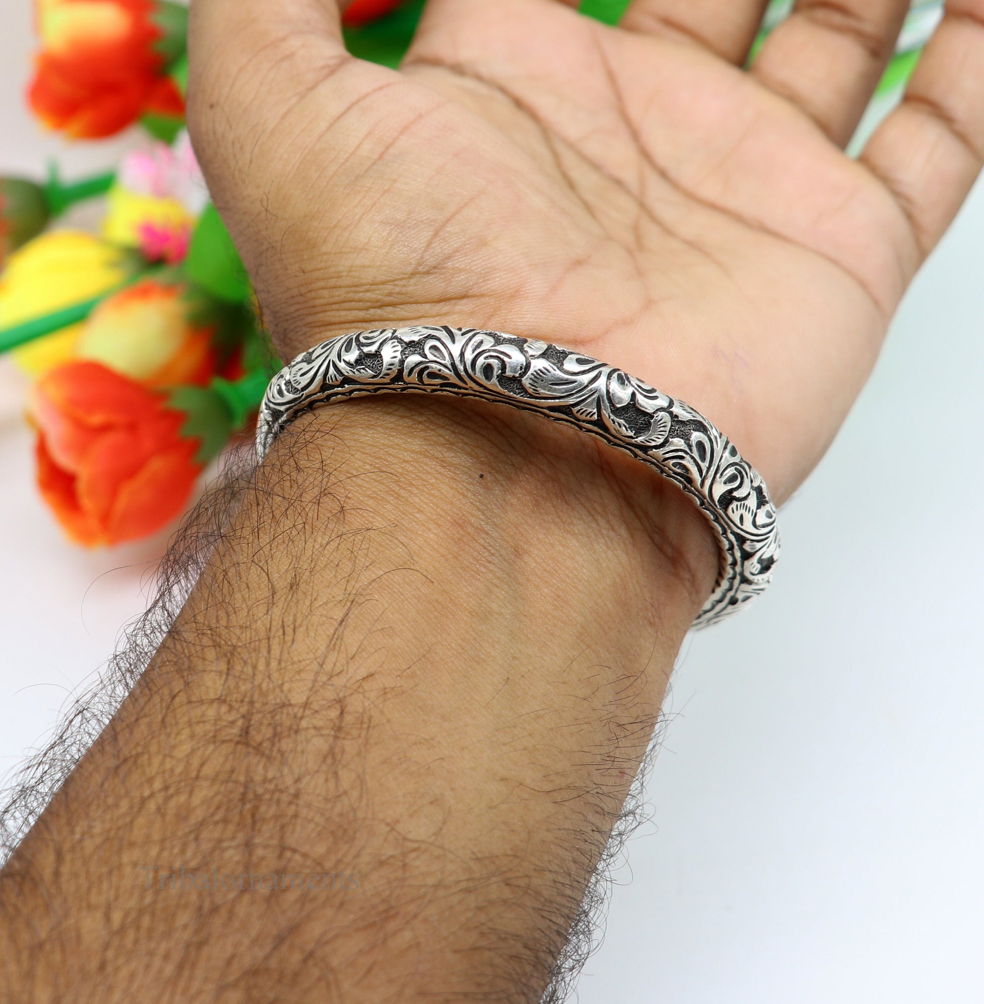 925 sterling silver customized Shiva trident stunning bangle men's bracelet, excellent Nakshi work men's gifting jewelry from India nsk264 - TRIBAL ORNAMENTS