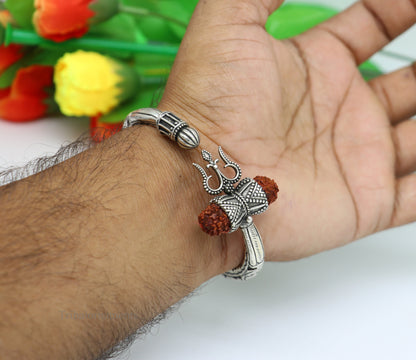 925 sterling silver customized Shiva trident stunning bangle men's bracelet, excellent Nakshi work men's gifting jewelry from India nsk264 - TRIBAL ORNAMENTS