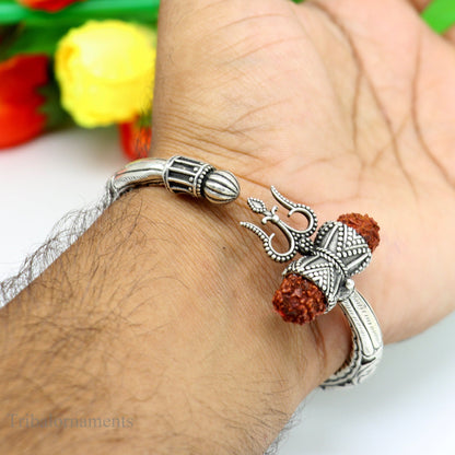 925 sterling silver customized Shiva trident stunning bangle men's bracelet, excellent Nakshi work men's gifting jewelry from India nsk264 - TRIBAL ORNAMENTS