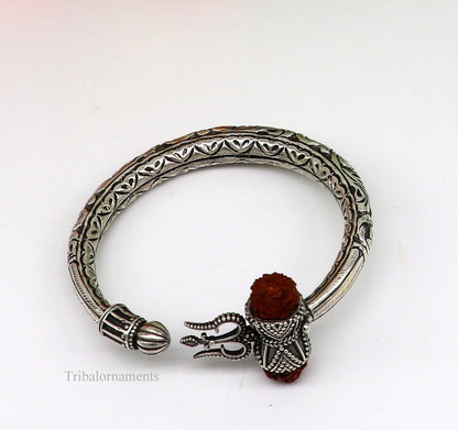 925 sterling silver customized Shiva trident stunning bangle men's bracelet, excellent Nakshi work men's gifting jewelry from India nsk264 - TRIBAL ORNAMENTS
