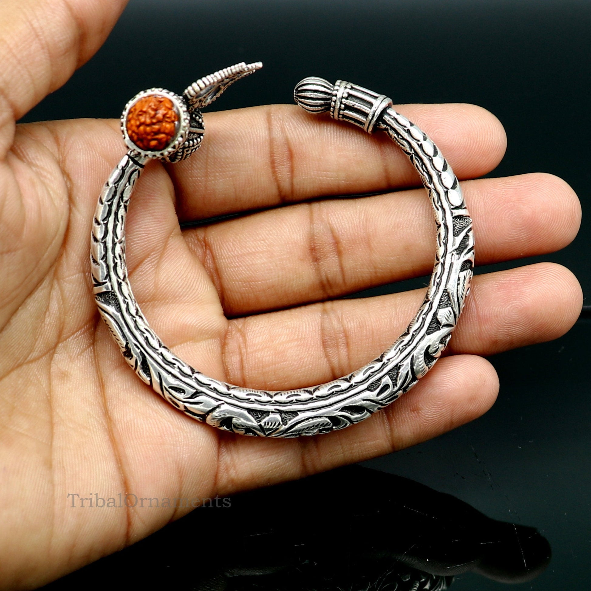 925 sterling silver customized Shiva trident stunning bangle men's bracelet, excellent Nakshi work men's gifting jewelry from India nssk392 - TRIBAL ORNAMENTS