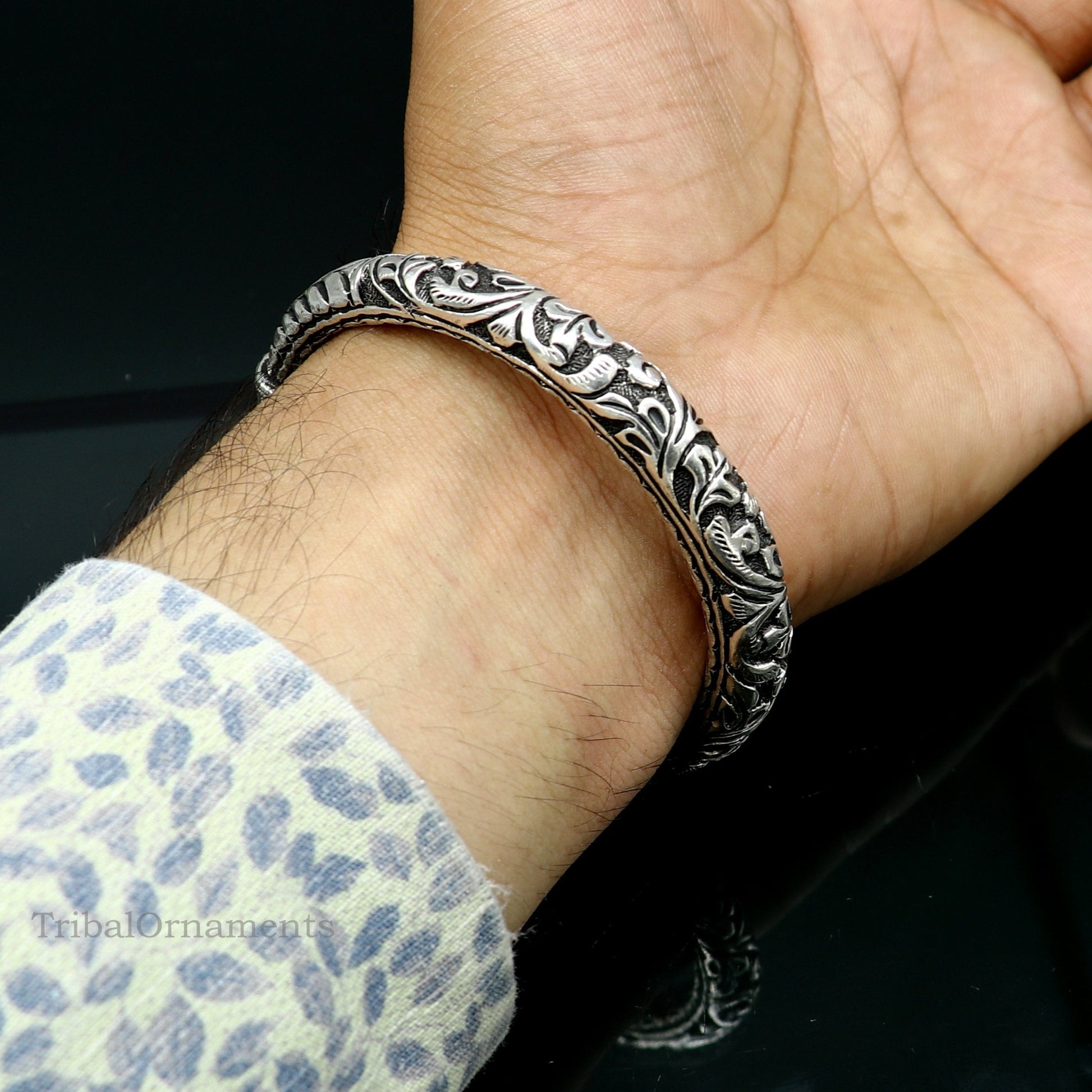 925 sterling silver customized Shiva trident stunning bangle men's bracelet, excellent Nakshi work men's gifting jewelry from India nssk392 - TRIBAL ORNAMENTS
