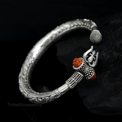 925 sterling silver customized Shiva trident trishul bangle men's bracelet, kandrai or Nakshi work men's gifting jewelry from India nssk387 - TRIBAL ORNAMENTS