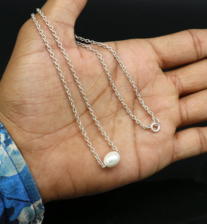 925 sterling silver custom chain necklace with a tiny pearl pendant, elegant tribal jewelry by TRIBAL ORNAMENTS.