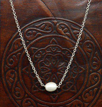 925 sterling silver custom chain necklace with a tiny pearl pendant, elegant tribal jewelry by TRIBAL ORNAMENTS.