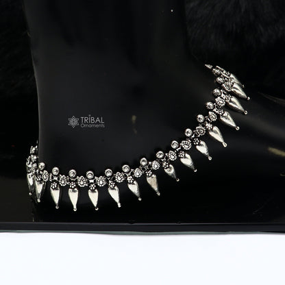 Sterling silver dangling bells charm ankle bracelet with attractive bells, trendy foot jewelry for Garba dance, by Tribal Ornaments.