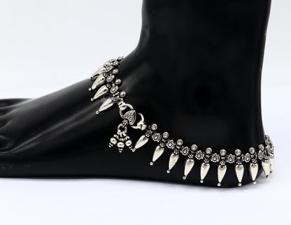 925 sterling silver dangling bells charm ankle bracelet with attractive bells, trendy foot anklet for Garba dance, by TRIBAL ORNAMENTS.