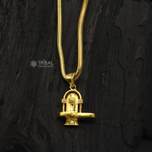 925 sterling silver Lord Shiva Lingam pendant with gold polish, Hindu religious jewelry, unisex locket for spiritual gifting.